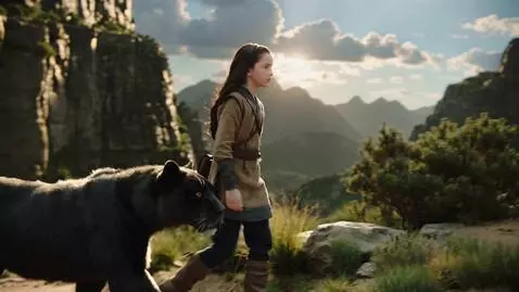 AI Video from prompt: A girl walks through dangers with a black panthe