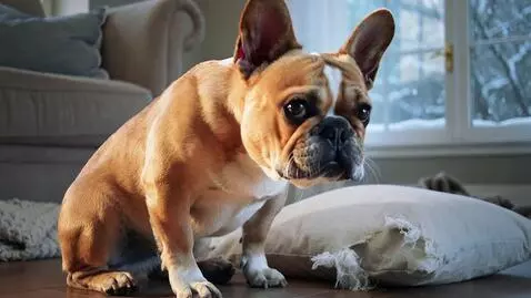 AI Video from prompt: Short cozy video. French Bulldog looks guilty wi