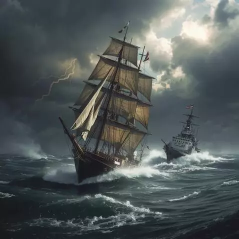 AI Video from prompt: A dramatic three-masted sailboat with a military