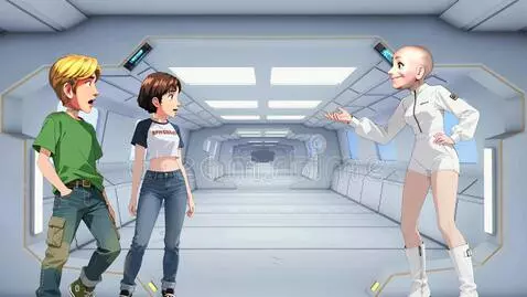 AI Video from prompt: A boy and a girl are talking to a bald woman, sm