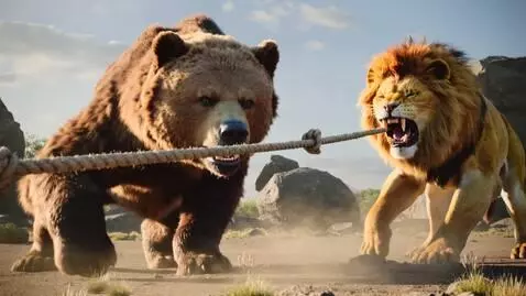 AI Video from prompt: “A powerful bear and a fierce lion are pulling a
