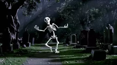 AI Video from prompt: Animated skeleton dancing in a cemetery near the