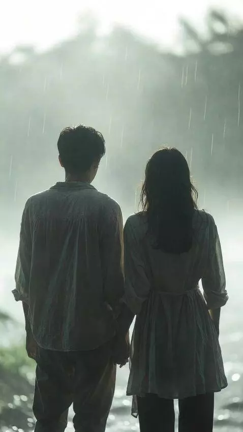 AI Video from prompt: A couple are lovingly holding hands as the rain 