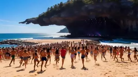 AI Video from prompt: All the people on the beach running towards the 