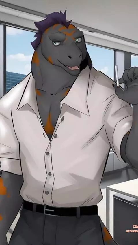 AI Video from prompt: Lizard dude at the office standing looking aroun