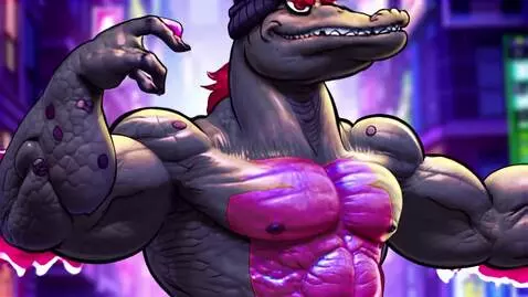 AI Video from prompt: anthropomorph muscle buff alligator with dark sk