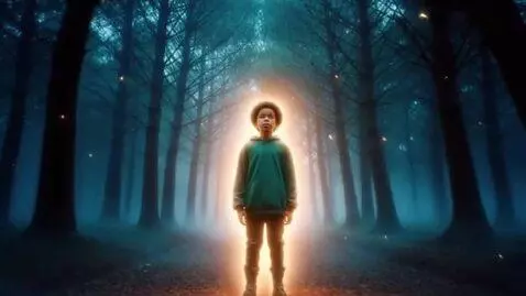 AI Video from prompt: Soft magical light pulsing around the boy, trees