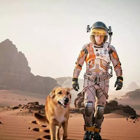 AI Video from prompt: his Guy in a spacesuit walking with his red Germ