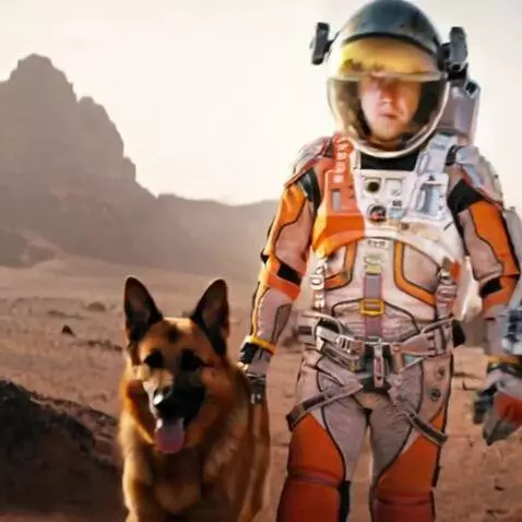 AI Video from prompt: his Guy in a spacesuit walking with his red Germ