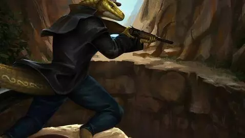 AI Video from prompt: Lizard dude standing guard looking around then h