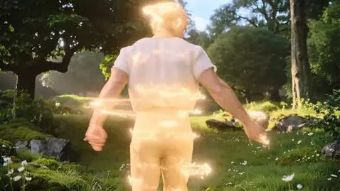 AI Video from prompt: A handsome, strong man with blue eyes spins and 