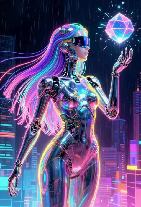 AI Video from prompt: Cybernetic neon rainbow goddess
