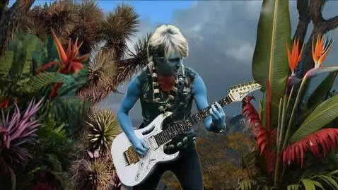 AI Video from prompt: this blue guitarist starts walking forward his f