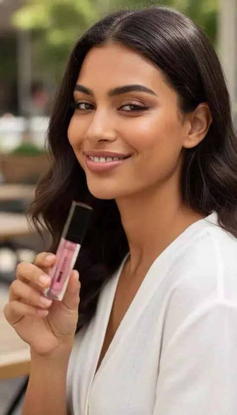 AI Video from prompt: A beautiful girl holds a lip gloss next to her f