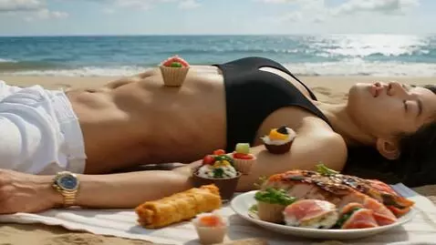 AI Video from prompt: Attractive Korean man lounging on sandy beach, b