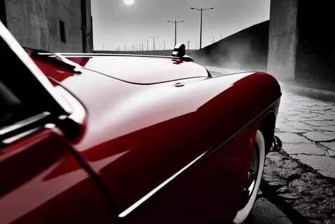 AI Video from prompt: wide shot, noir street, 1940s, wet asphalt, neon