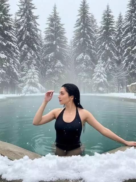 AI Video from prompt: It's snowing, the girl looks away, touching her 