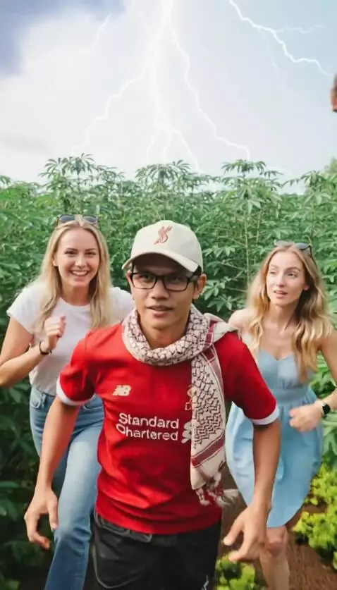 AI Video from prompt: A man wearing glasses and 2 beautiful women run 