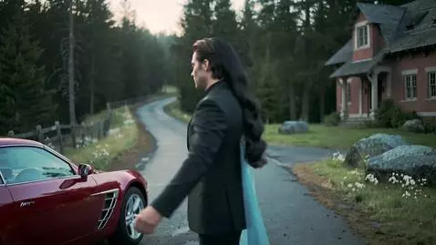 AI Video from prompt: A red luxury car on an abandoned road in the for