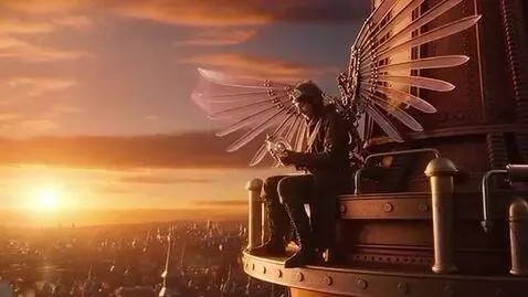 AI Video from prompt: An aviator in steampunk dress with wings made of