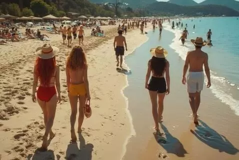 AI Video from prompt: The three girls with 2 Muscular men walking down