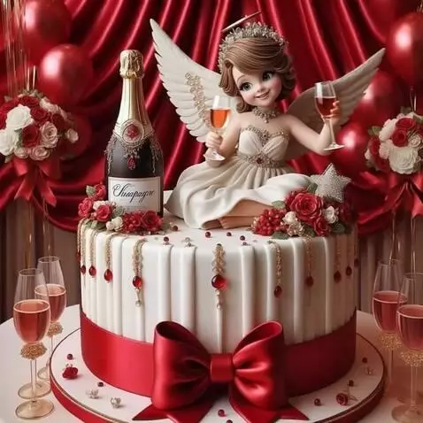 AI Video from prompt: The Angel smiles, raises glasses of wine and mak