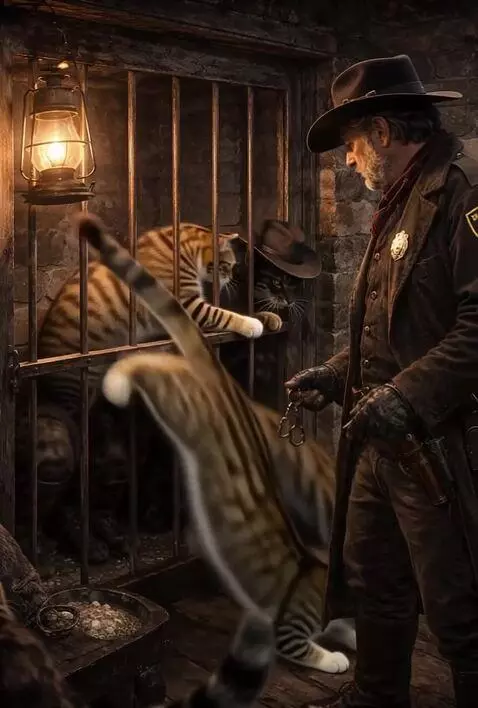 AI Video from prompt: The sheriff is surrounded by cats fighting on ho