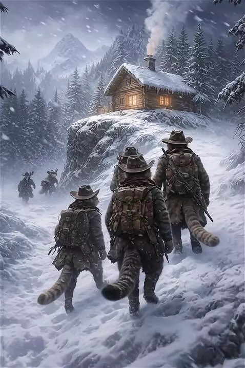 AI Video from prompt: cowboy cats walk through snowy terrain towards t