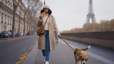 AI Video from prompt: a women walking with her dog in paris while eati