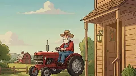 AI Video from prompt: Farmer rides his tractor away towards left of sc