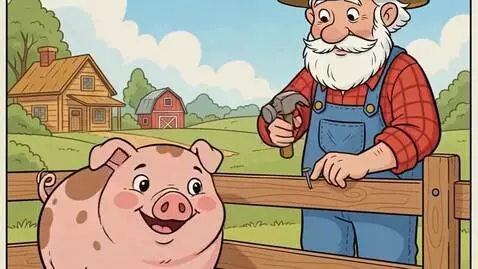 AI Video from prompt: Farmer hammers nail in the wooden fence whilst p