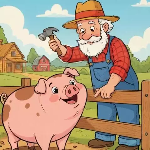 AI Video from prompt: Farmer hammers nail in the wooden fence whilst p