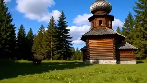 AI Video from prompt: We fly past a church. Behind the church, a wide,