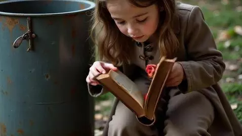 AI Video from prompt: A girl finds an old book in a trash can. She ope