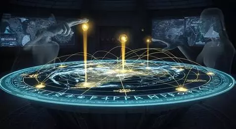 AI Video from prompt: A mysterious, shadowy war-room displays a floati