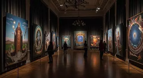 AI Video from prompt: An elegant, echo-filled gallery under dim moonli