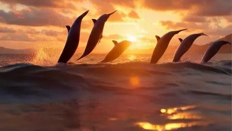 AI Video from prompt: Ultra HD slow-motion video of wild dolphins leap