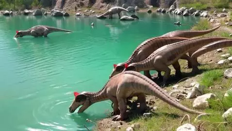 AI Video from prompt: Dinosaur family drinking water at a large lake p