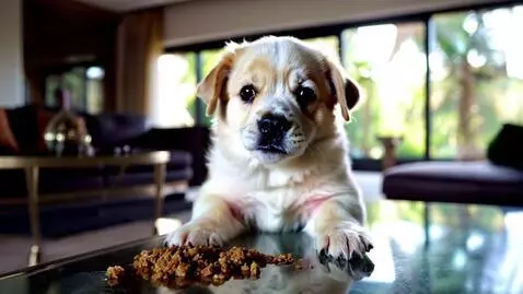 AI Video from prompt: Cute puppy eating puppy food in a beautiful hous