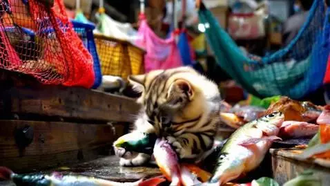 AI Video from prompt: Cute Kitten stealing a fish from the fish market