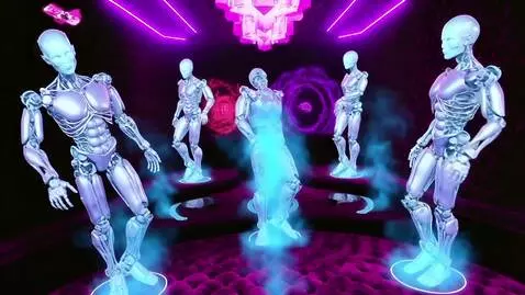 AI Video from prompt: Shot 1: Glowing humanoid robots with chrome-plat