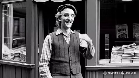 AI Video from prompt: The man laughs, covering his mouth with his hand