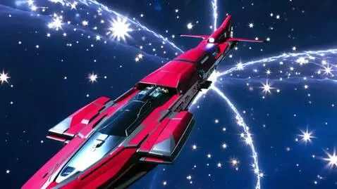 AI Video from prompt: Red space ship flights over a dark blue, silver 