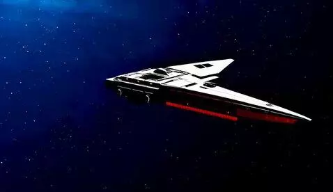 AI Video from prompt: Red space ship flights over a dark blue, silver 