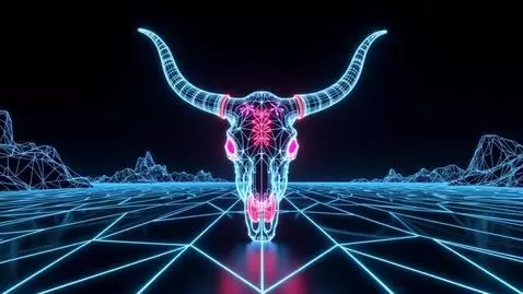 AI Video from prompt: A glowing wireframe 3D render of a cattle skull 
