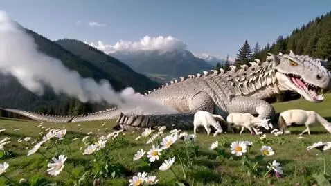 AI Video from prompt: In a mountain meadow, a dragon with flower scale