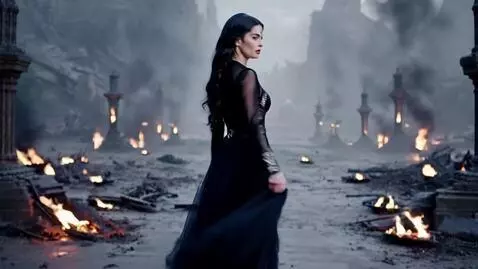 AI Video from prompt: A sexy and powerful dark queen turns slowly to f