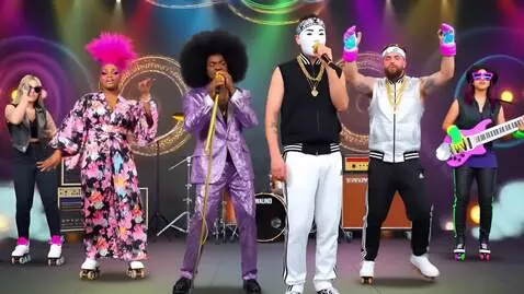 AI Video from prompt: a 6-member 1970s funk-rap fusion band performing