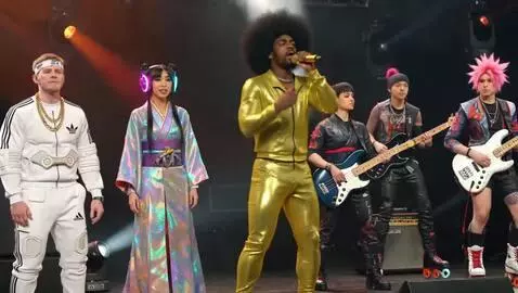 AI Video from prompt: a 6-member 1970s funk-rap fusion band performing