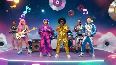AI Video from prompt: a 6-member 1970s funk-rap fusion band performing